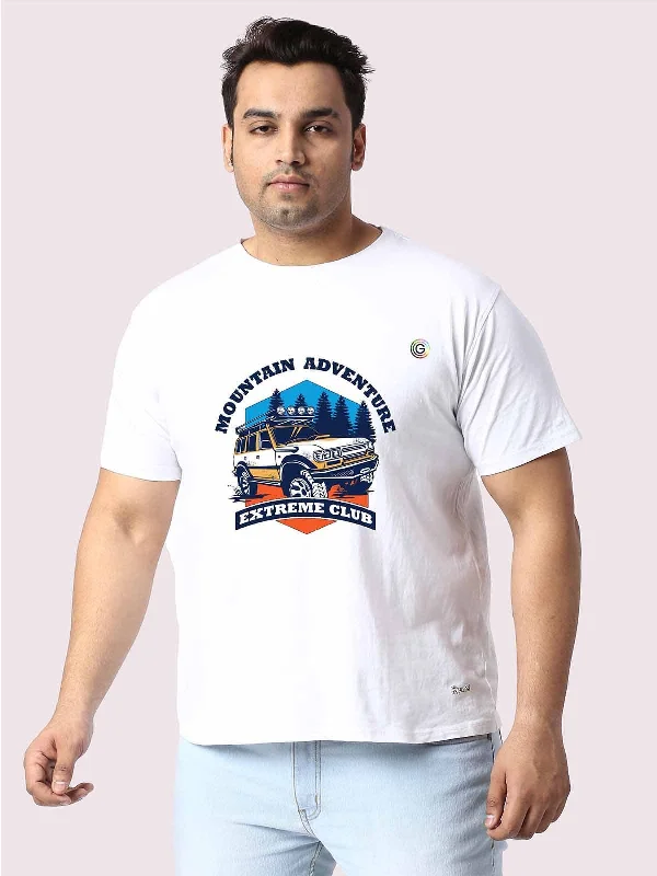 plus cozy t-shirts -Men Plus Size White Mountain Adventure Printed Round Neck T-Shirt