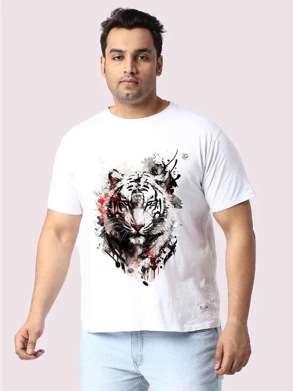 jute breezy t-shirts -Men Plus Size WhIte Tiger Head Printed Round Neck T-Shirt