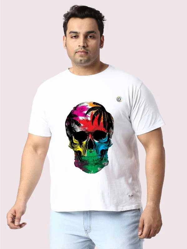 newborn cozy t-shirts -Men Plus Size White Tropical Skull Printed Round Neck T-Shirt