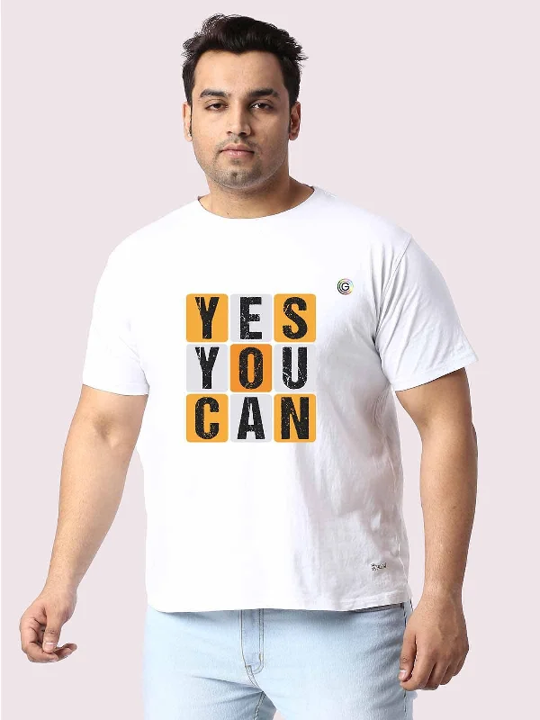 twill cozy t-shirts -Men Plus Size White Yes You Can Printed Round Neck T-Shirt