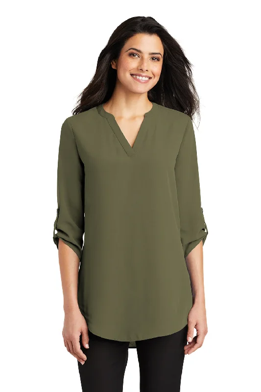 short cozy t-shirts -Port Authority Womens 3/4 Sleeve V-Neck T-Shirt - Deep Olive Green