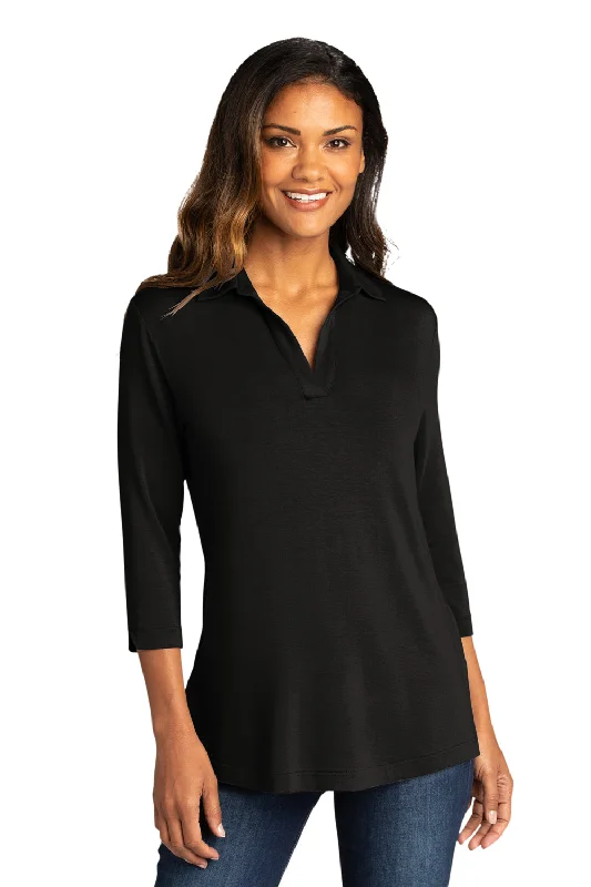 sleek glow t-shirts -Port Authority Womens Luxe Knit 3/4 Sleeve Polo Shirt - Deep Black