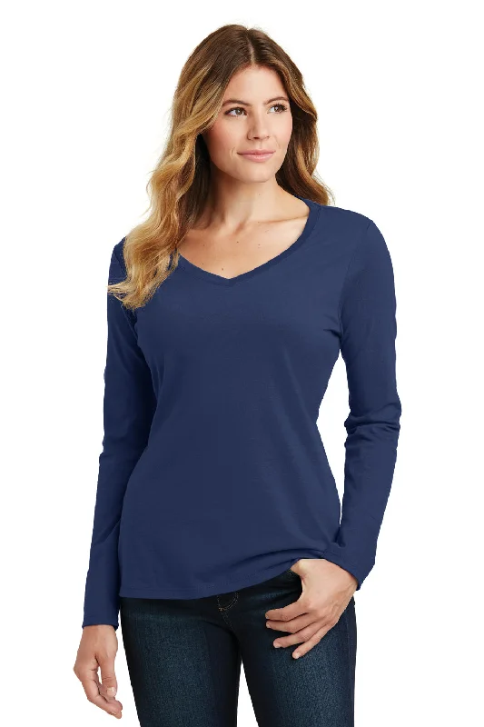 tan durable t-shirts -Port & Company Womens Fan Favorite Long Sleeve V-Neck T-Shirt - Team Navy Blue