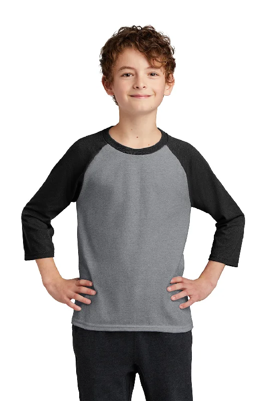 denim bold t-shirts -Port & Company Youth Core Moisture Wicking 3/4 Sleeve Crewneck T-Shirt - Heather Grey/Jet Black