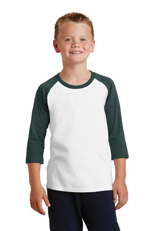 ripple edge t-shirts -Port & Company Youth Core Moisture Wicking 3/4 Sleeve Crewneck T-Shirt - White/Dark Green - Closeout