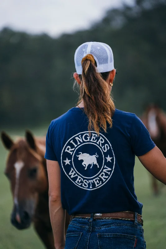 flap flare t-shirts -Signature Bull Womens Classic Fit T-Shirt - Navy/White