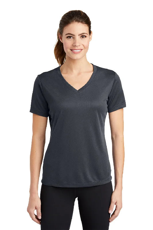 chevron flare t-shirts -Sport-Tek Womens RacerMesh Moisture Wicking Short Sleeve V-Neck T-Shirt - Graphite Grey