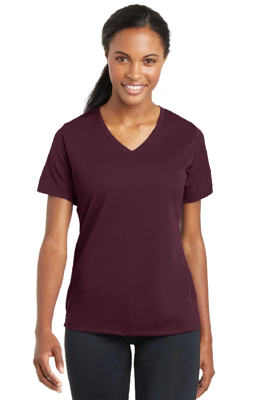 teen vivid t-shirts -Sport-Tek Womens RacerMesh Moisture Wicking Short Sleeve V-Neck T-Shirt - Maroon - Closeout