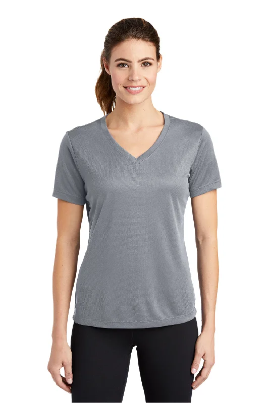 chalk bold t-shirts -Sport-Tek Womens RacerMesh Moisture Wicking Short Sleeve V-Neck T-Shirt - Silver Grey