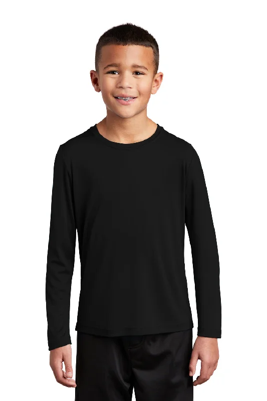 tartan check t-shirts -Sport-Tek Youth Moisture Wicking Long Sleeve Crewneck T-Shirt - Black