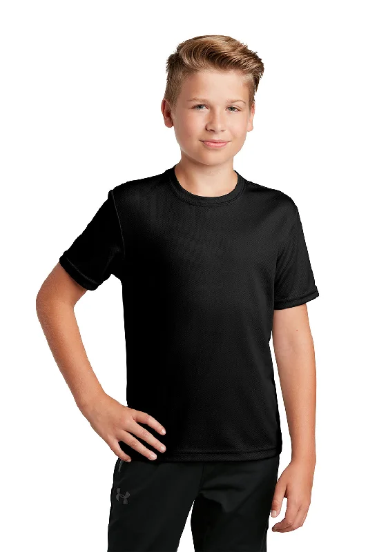 wide gym t-shirts -Sport-Tek Youth RacerMesh Moisture Wicking Short Sleeve Crewneck T-Shirt - Black