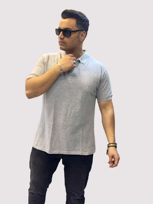 tie durable t-shirts -Stone Grey Solid Polo Collar Pure Cotton T-SHIRT Men's Plus Size