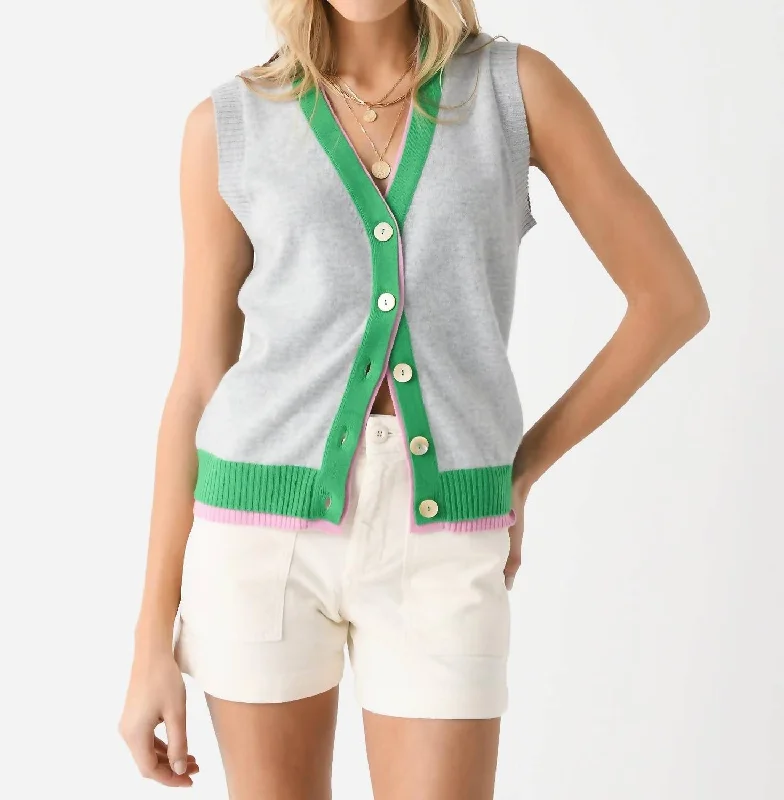 cardigan women twilight sage -Cashmere Double Rib Sleeveless Cardigan In Super Grey/bright Green Rose