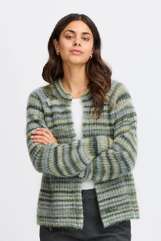 ribbed-tweed cardigan texture -Fransa  Stripe Cardigan in Green Autumn Mix