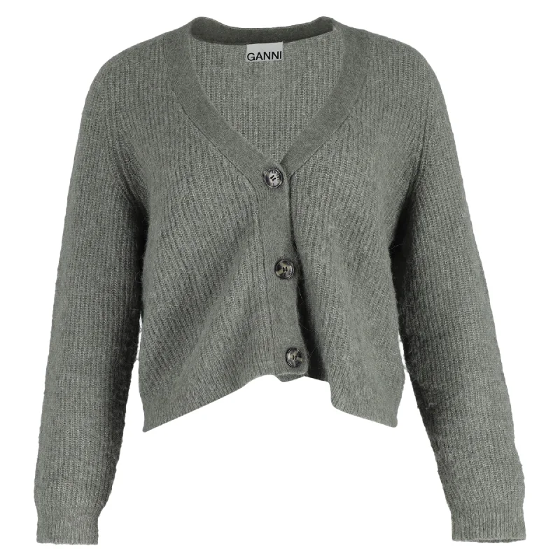 cardigan kids starry dusk -Ganni V-Neck Buttoned Cardigan in Olive Green Wool