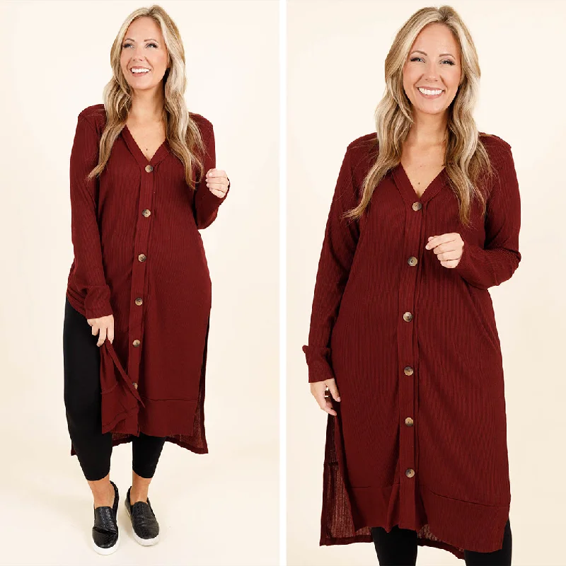 hemp-canvas cardigan eco -Long Way From You Cardigan, Dark Burgundy