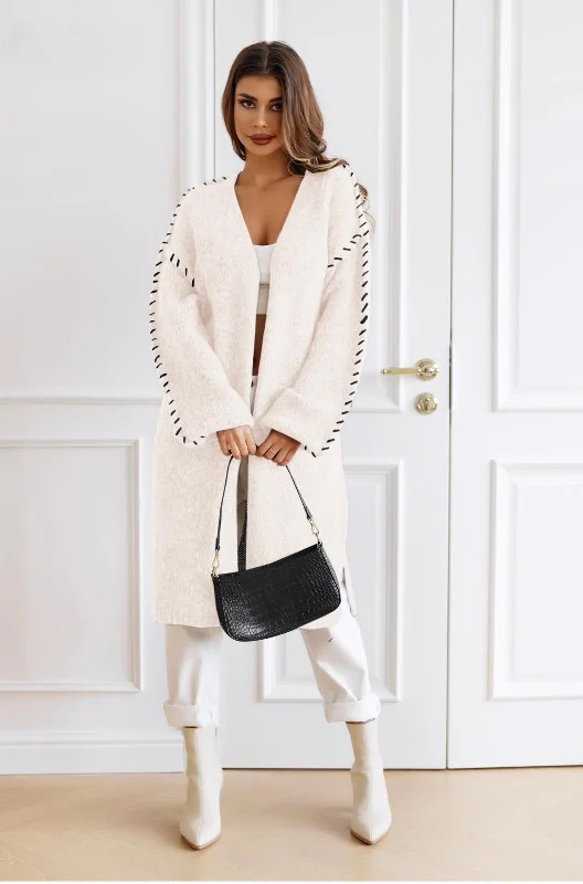 cropped cardigan urban vibe -New Collection Long White Cardigan with contrast stitching