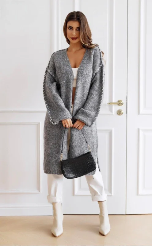 knit-tweed cardigan hybrid -New Collection long Grey Cardigan with Contrast Stitching