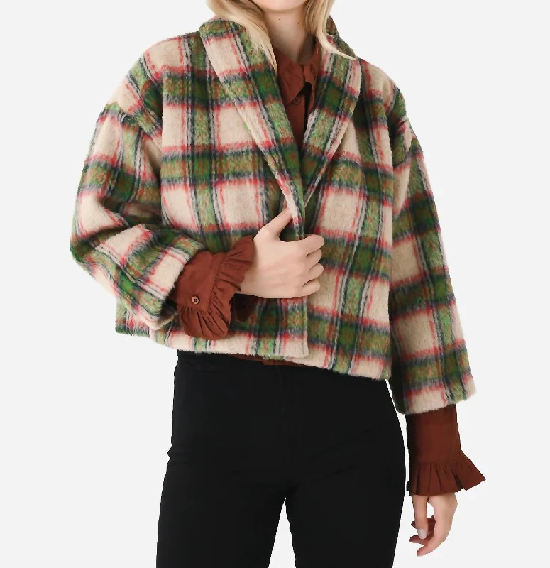 saffron cardigan vibrant tone -Shawl Collar Crop Jacket In Plaid Mohair