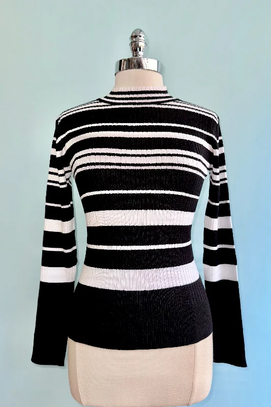 linen-tweed pullover sweater airy -Black and White Striped Mock Neck Sweater by Voodoo Vixen