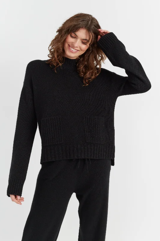 ribbed-canvas pullover sweater texture -Black Cashmere Patch Pocket Sweater