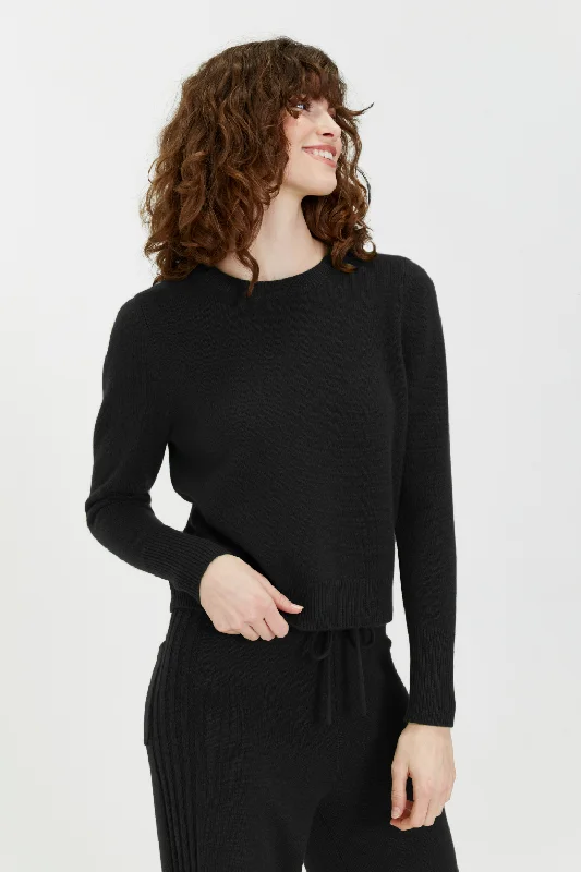 pullover sweater with lattice hem -Black Cashmere Cropped Sweater