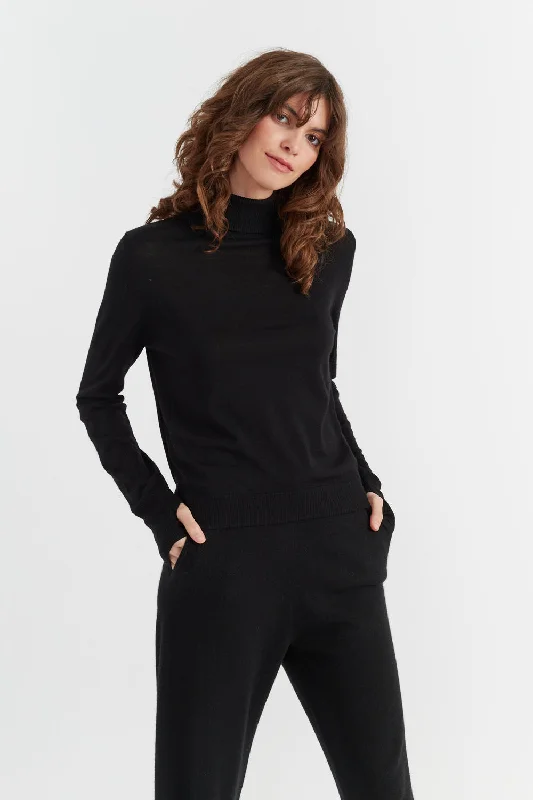 pullover sweater with mesh hem -Black Pure  Merino Rollneck Sweater