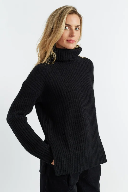 long pullover sweater urban layer -Black Rib-Knit Cashmere Rollneck Sweater