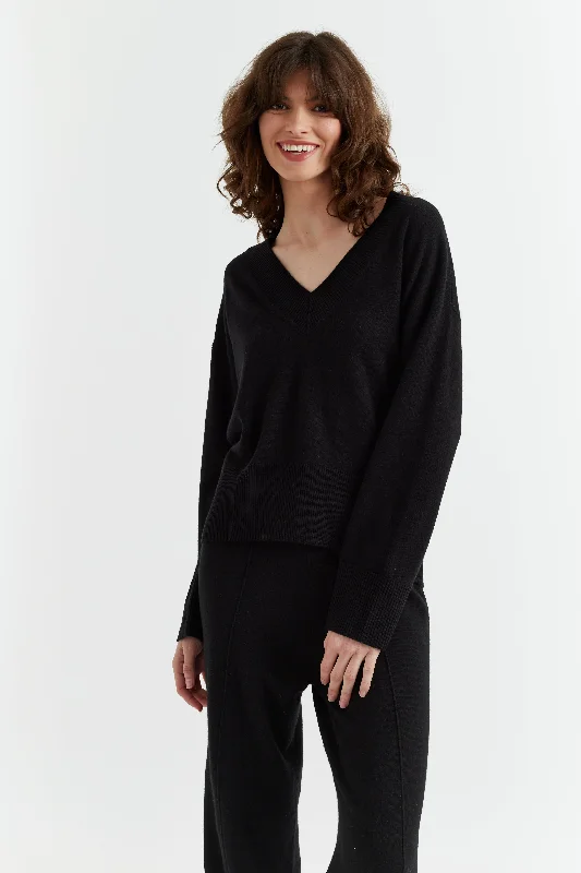 pullover sweater women soft smoke -Black Wool-Cashmere V-Neck Sweater