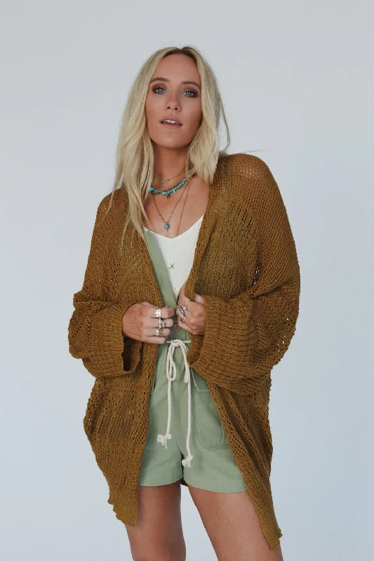 cardigan women misty amber -Brenden Knit Netted Cardigan - Brown