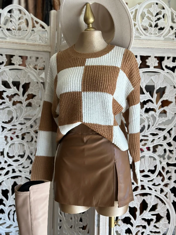 sienna pullover sweater earthy shine -Brown Checkered Sweater