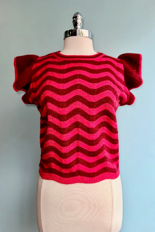 chevron-canvas pullover sweater dynamic -Burgundy Berry Wave Ruffle Sleeveless Sweater