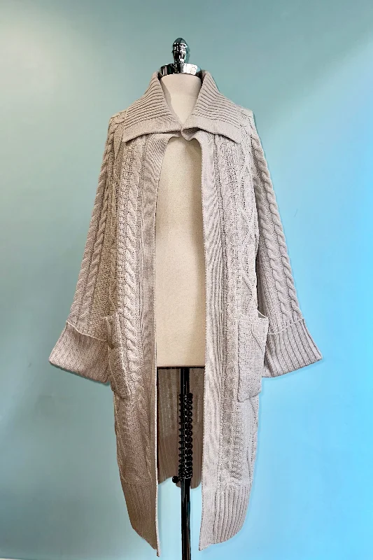 hemp-tweed cardigan eco -Cable Knit Duster Cardigan in Light Grey