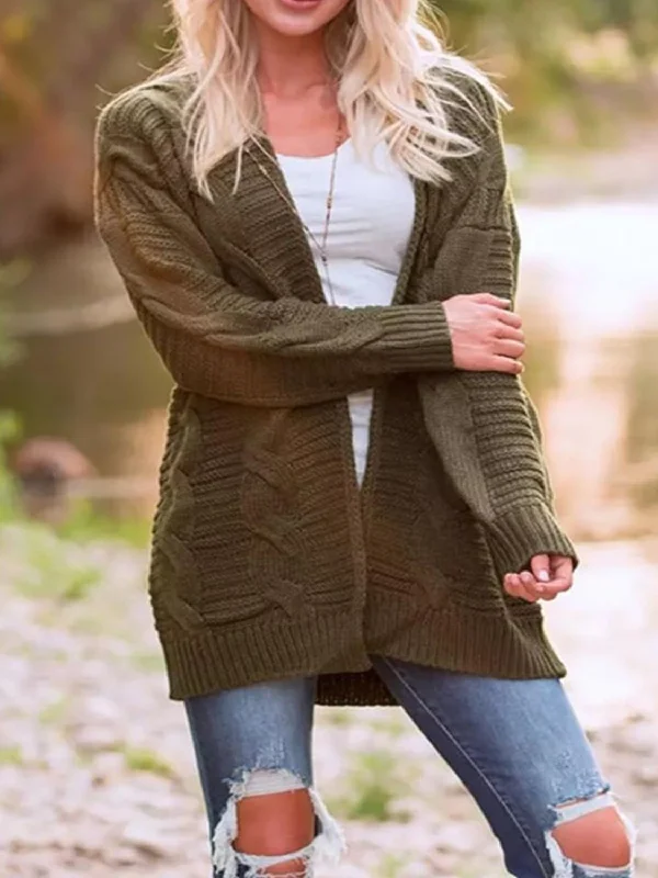 burlap-tweed cardigan rustic -Cable-Knit Open Front Long Sleeve Cardigan