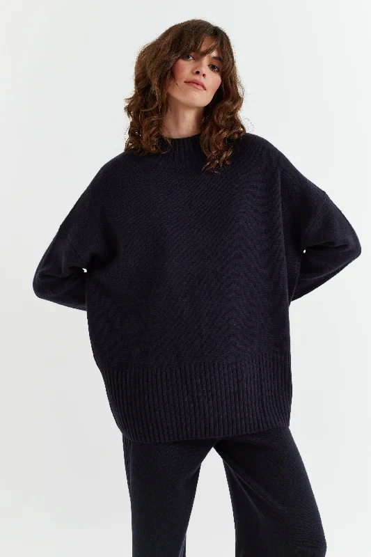 knit-tweed pullover sweater hybrid -Navy Cashmere Comfort Sweater