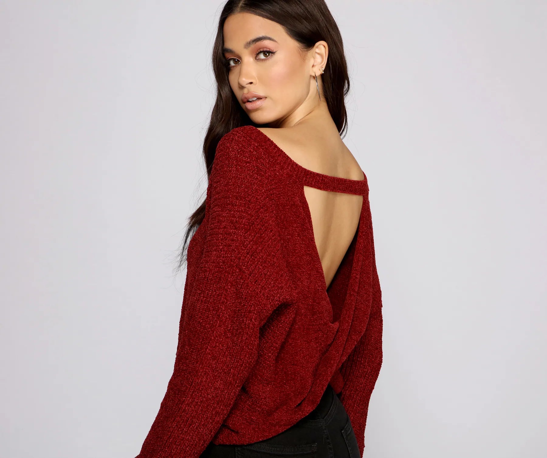 cropped pullover sweater camp cozy -Casually Chic Twist Back Chenille Sweater