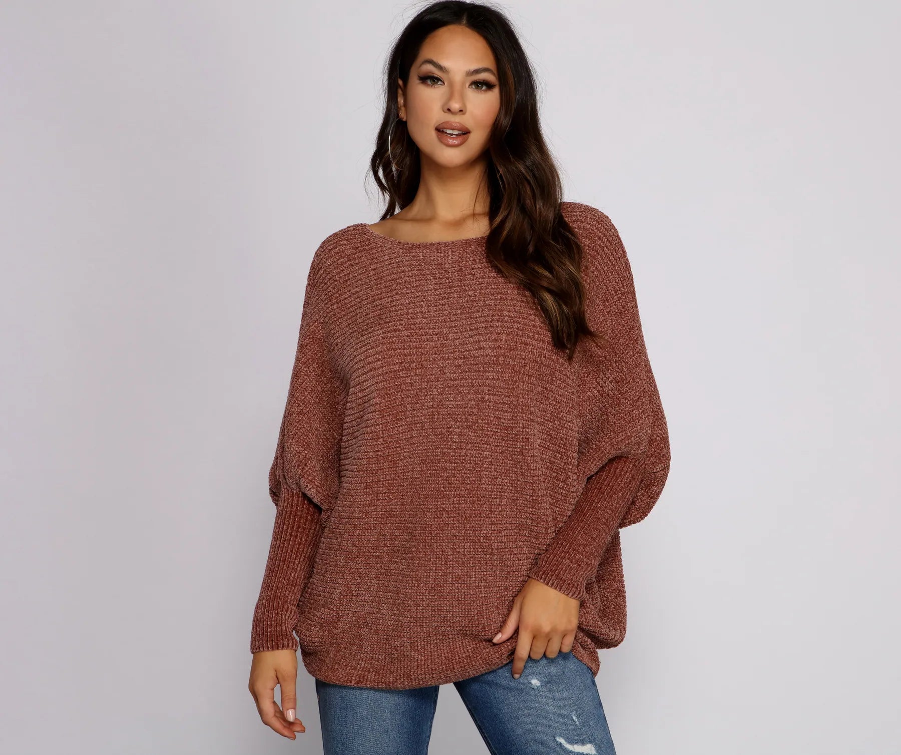 pullover sweater with twisted cuffs -Chenille Knit Dolman Sleeve Sweater