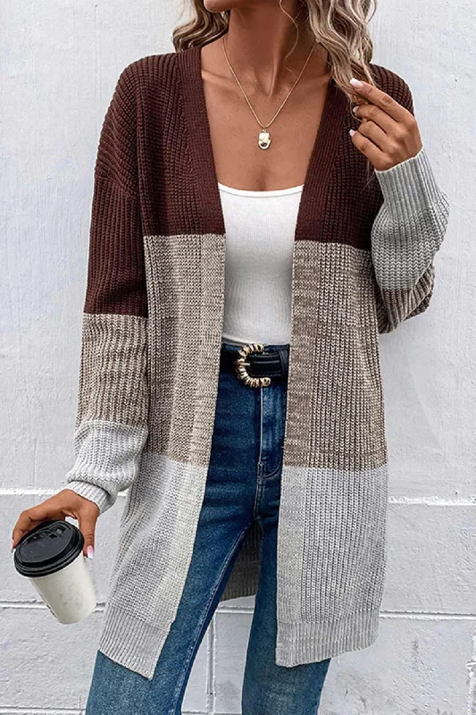 cotton-burlap cardigan soft -TastyHottie - Color Contrast Long Open Front Cardigan