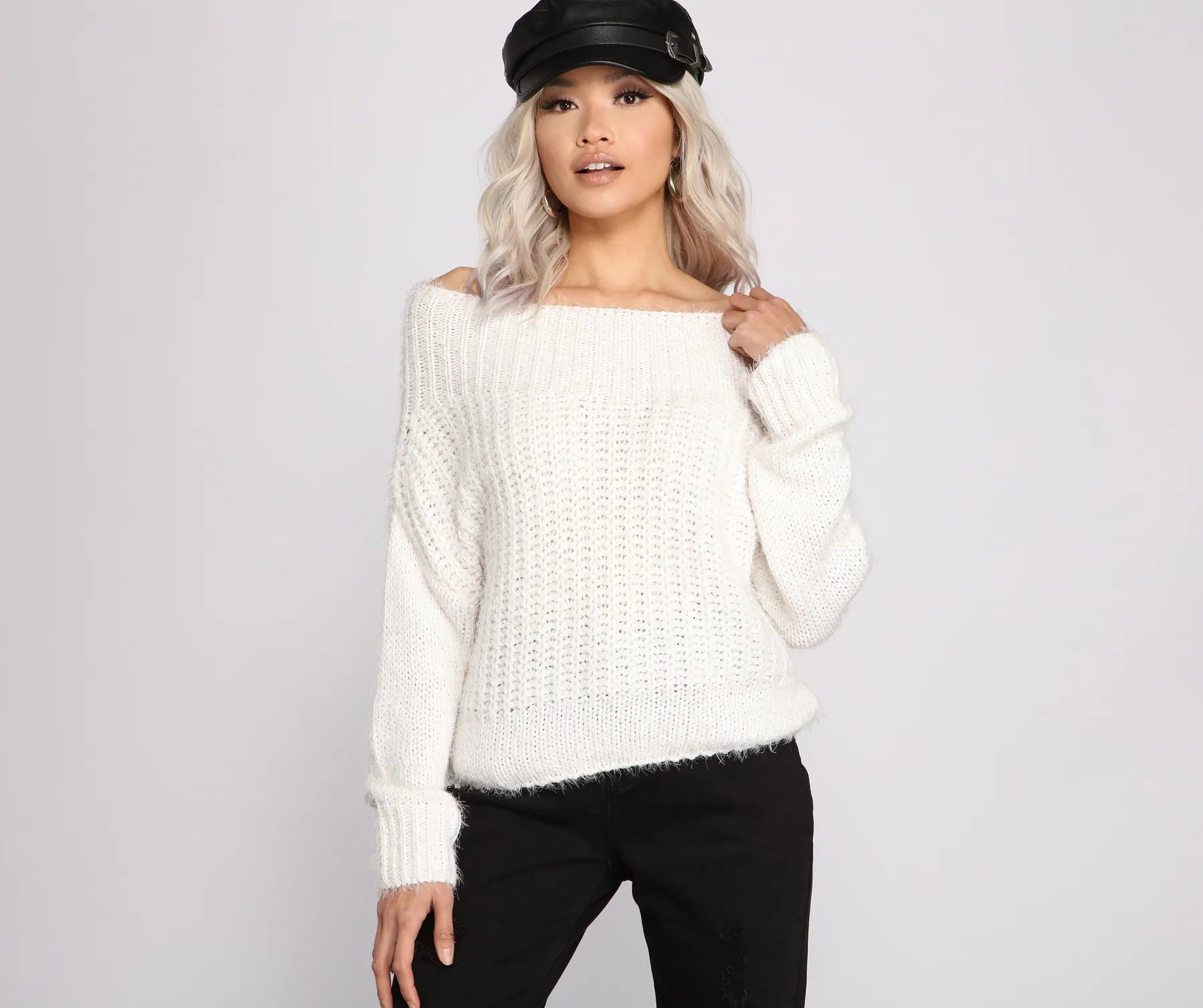 pullover sweater with bronze logos -Cozy Eyelash Knit Off The Shoulder Sweater