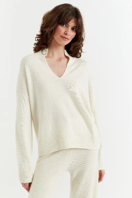 pullover sweater men ridge weave -Cream Cashmere V-Neck Funnel Sweater