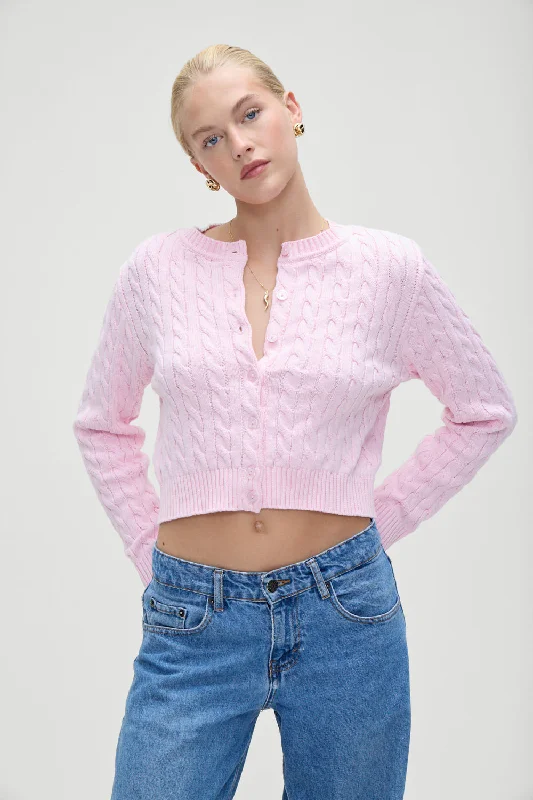 short cardigan camp chic -Dudley Cable Knit Cardigan - Cozy Pink