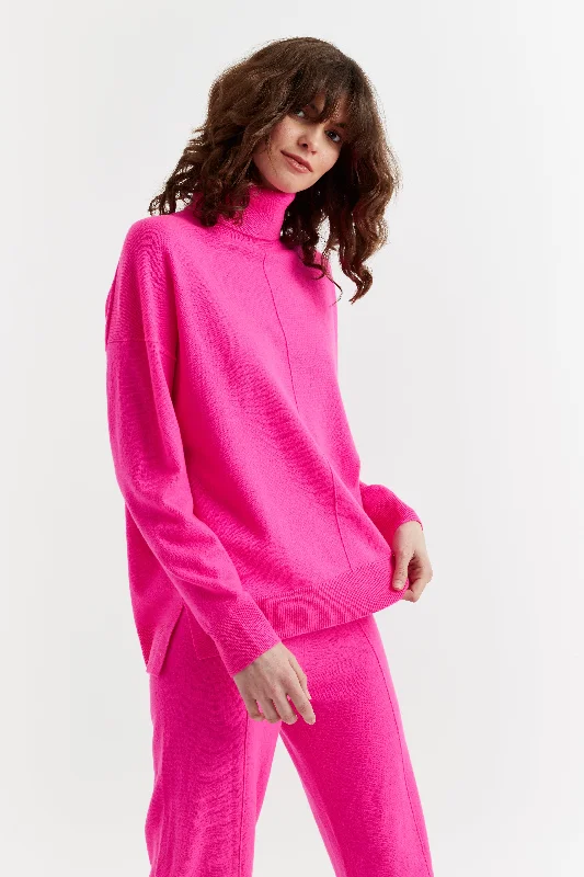 pullover sweater with bead logos -Fuchsia Wool-Cashmere Relaxed Rollneck Sweater