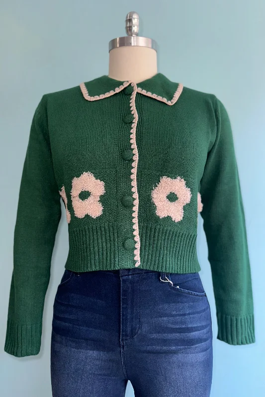 cardigan with bead clasps -Green Contrast Knit Collared Cardigan