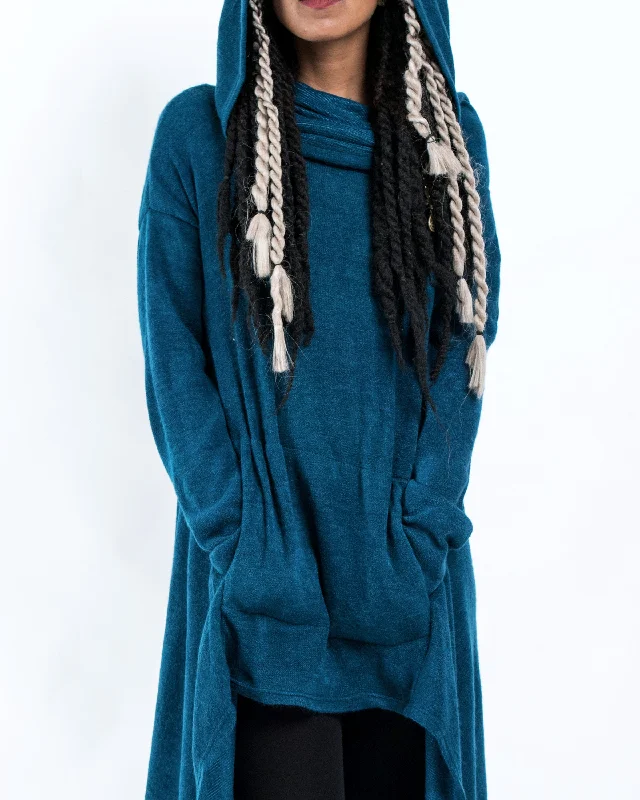 pullover sweater teens solar smoke -Ultra Long Hooded Sweater in Blue