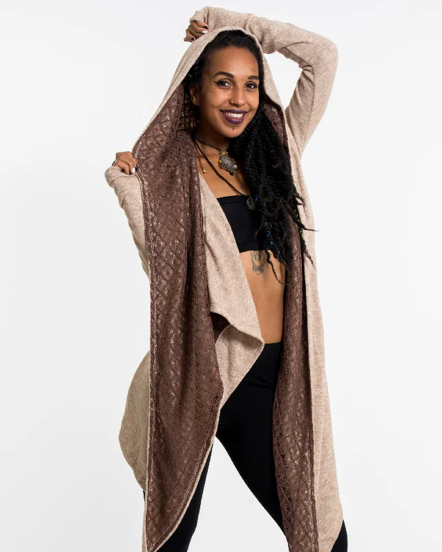 cardigan with bead clasps -Hoodie Shawl Cardigan in Brown