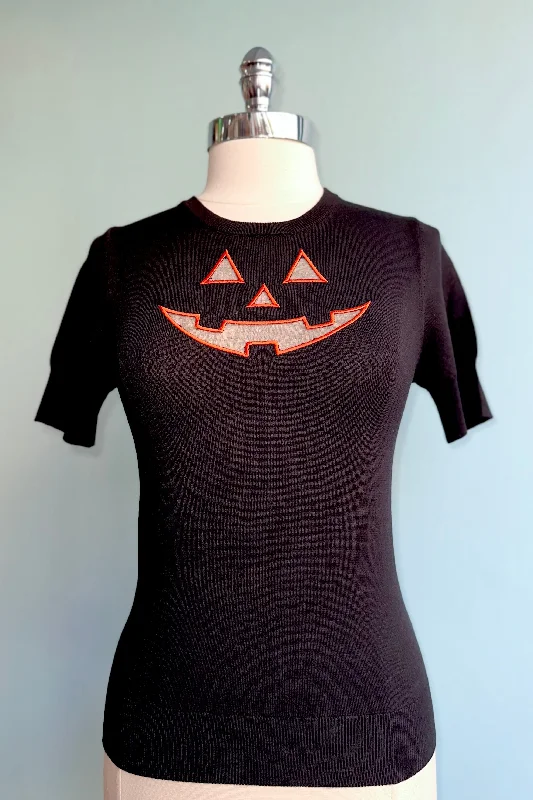 pullover sweater with bronze logos -Jack O' Lantern Short Sleeve Sweater by Hell Bunny