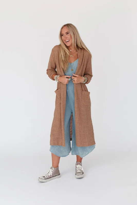 cardigan with bronze trim -The Nest Jayde Waffle Knit Cardigan - Taupe