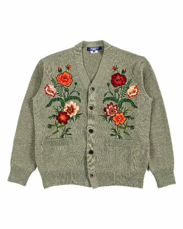 knit-tweed cardigan hybrid -Junya Watanabe MAN Cotton Flower Embroidery Cardigan Green