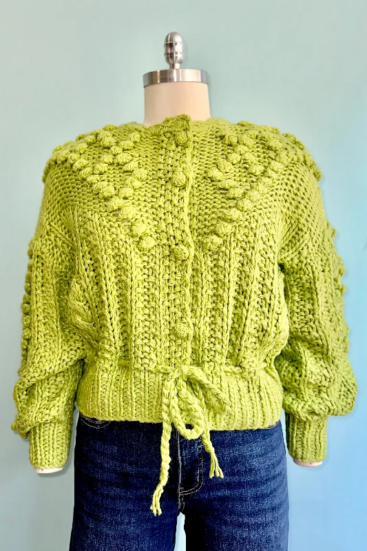 cardigan with shell trim -Lemongrass Tufted Dot Cable Knit Cardigan