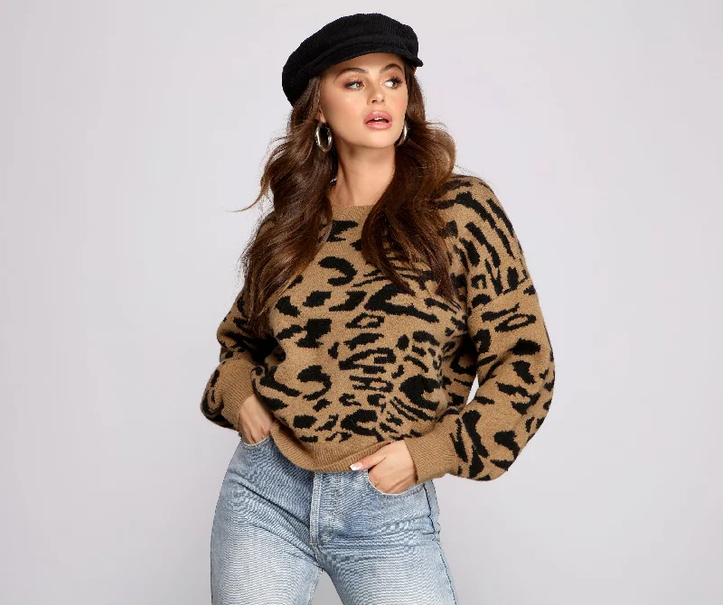 pullover sweater women dusk amber -Leopard Print Crew Neck Sweater